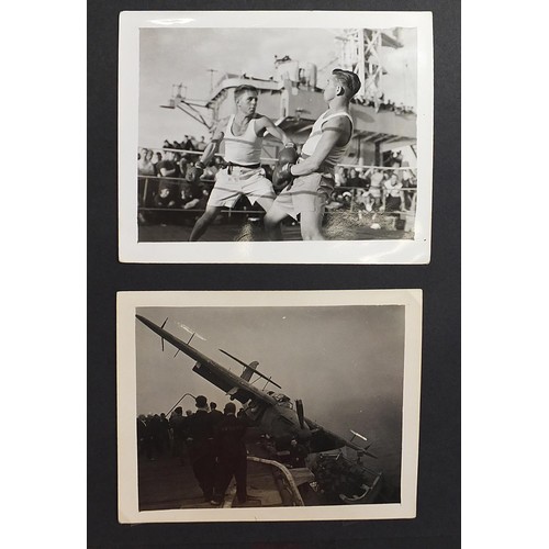 471 - World War II black and white photograph album relating to HMS Rajah Roker class carrier, including p... 