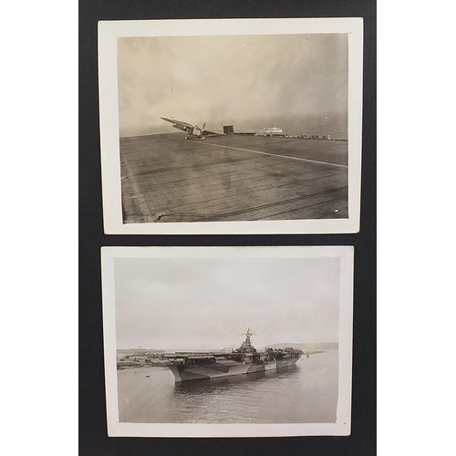 471 - World War II black and white photograph album relating to HMS Rajah Roker class carrier, including p... 