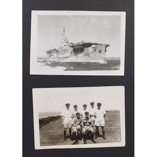 471 - World War II black and white photograph album relating to HMS Rajah Roker class carrier, including p... 