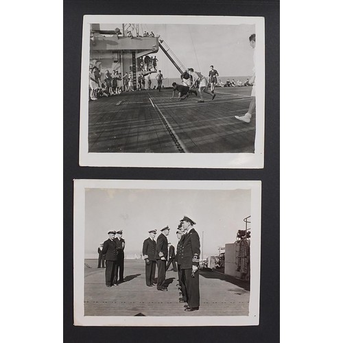 471 - World War II black and white photograph album relating to HMS Rajah Roker class carrier, including p... 