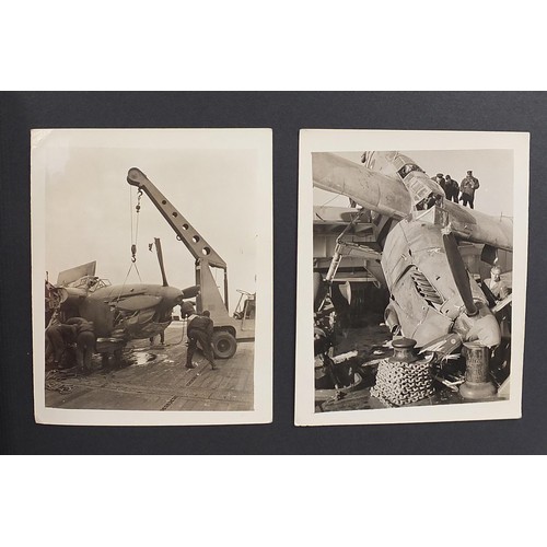 471 - World War II black and white photograph album relating to HMS Rajah Roker class carrier, including p... 