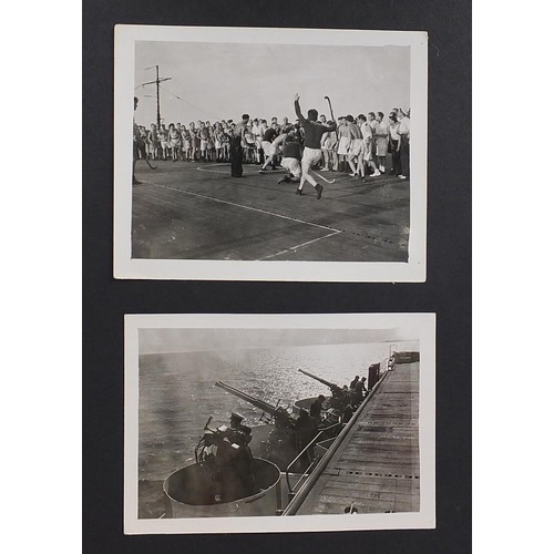 471 - World War II black and white photograph album relating to HMS Rajah Roker class carrier, including p... 