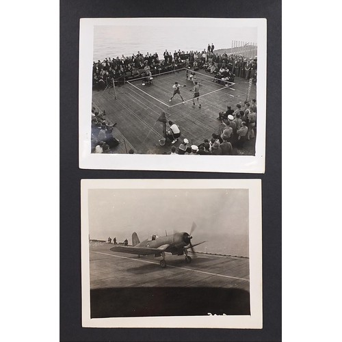 471 - World War II black and white photograph album relating to HMS Rajah Roker class carrier, including p... 