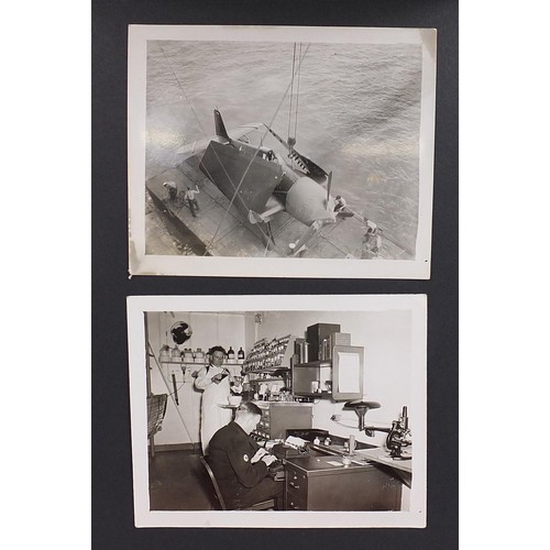 471 - World War II black and white photograph album relating to HMS Rajah Roker class carrier, including p... 