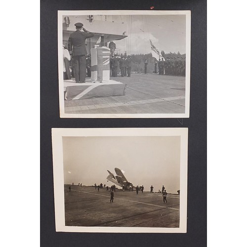 471 - World War II black and white photograph album relating to HMS Rajah Roker class carrier, including p... 