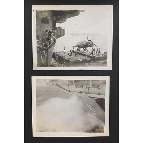 471 - World War II black and white photograph album relating to HMS Rajah Roker class carrier, including p... 