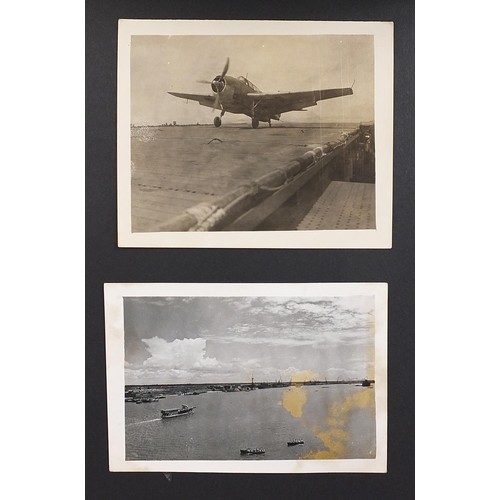 471 - World War II black and white photograph album relating to HMS Rajah Roker class carrier, including p... 