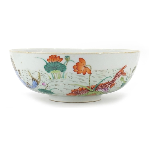 301 - Chinese porcelain bowl hand painted in the famille rose palette with fish amongst aquatic life, six ... 