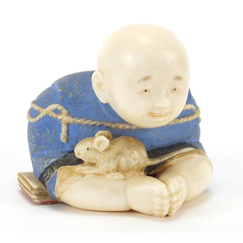 67 - Japanese carved ivory netsuke of a child and rate by Ichiro Inada, signed to the base, 3.5cm high