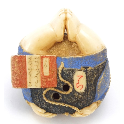 67 - Japanese carved ivory netsuke of a child and rate by Ichiro Inada, signed to the base, 3.5cm high