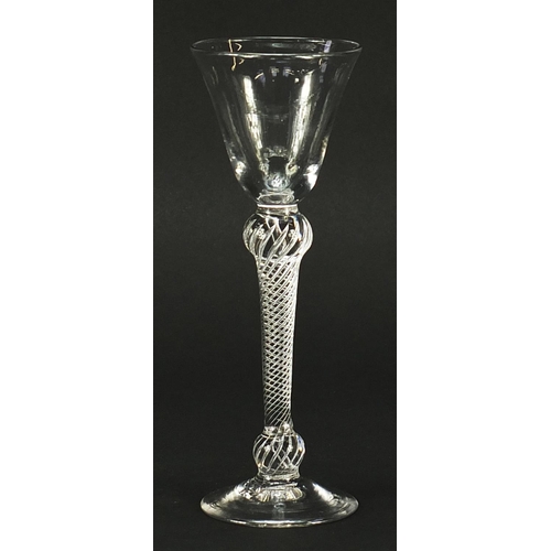 249 - 18th century wine glass with double knopped air twist stem, 16cm high