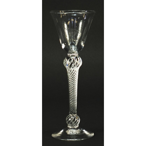 249 - 18th century wine glass with double knopped air twist stem, 16cm high