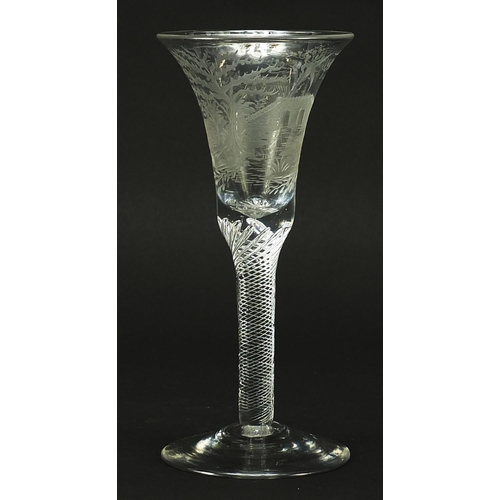 88 - 18th century wine glass with air twist stem and bell shaped bowl etched with figures beside a hut wi... 