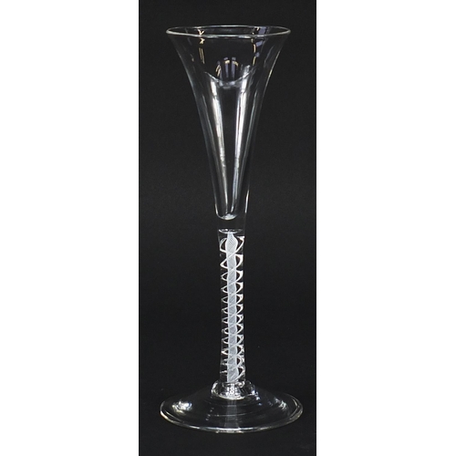 1 - 18th century wine glass with opaque and air twist stem, 19cm high