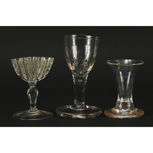 344 - Three antique firing glasses including one with etched bowl, the largest 11.5cm high