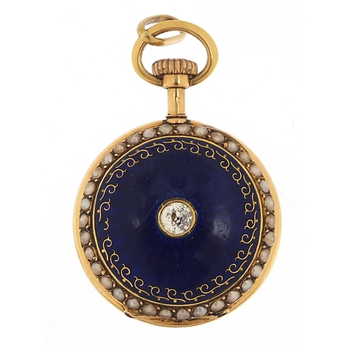 639 - Continental ladies 18ct gold, blue guilloche enamel, seed pearl and diamond solitaire fob watch, 25m... 