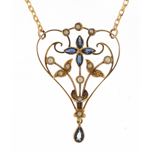 650 - Art Nouveau 9ct gold sapphire and pearl pendant on a 9ct gold necklace, 3.8cm high and 42cm in lengt... 