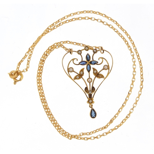 650 - Art Nouveau 9ct gold sapphire and pearl pendant on a 9ct gold necklace, 3.8cm high and 42cm in lengt... 