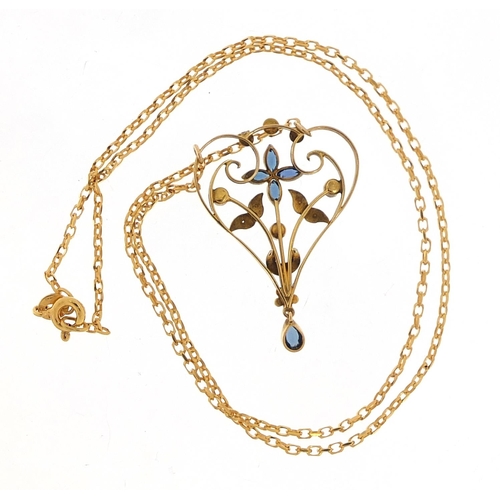 650 - Art Nouveau 9ct gold sapphire and pearl pendant on a 9ct gold necklace, 3.8cm high and 42cm in lengt... 