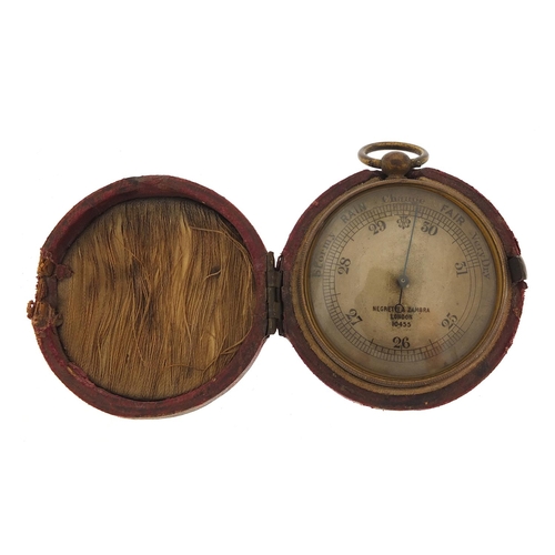 422 - Negretti & Zambra London brass pocket barometer with leather case numbered 10455, the barometer 4.5c... 