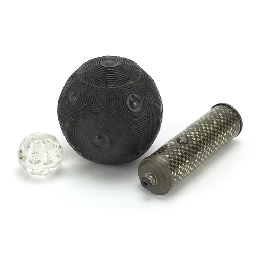 424 - Antique turned wooden trick sovereign ball, glass dice and miniature kaleidoscope, the largest 7.5cm... 