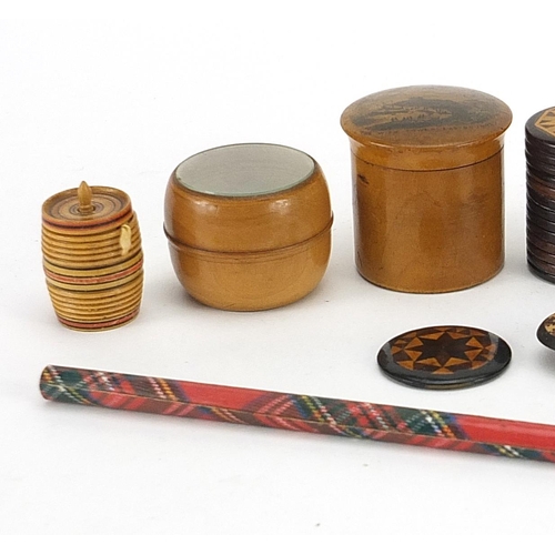 151 - Victorian treen objects including early Tunbridge Ware barrel, Tunbridge Ware button, Mauchline Ware... 