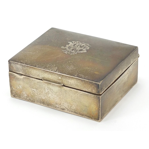 144 - Edwardian silver cigarette box with hinged lid, indistinct maker's mark Chester 1908, 5cm H x 11cm W... 