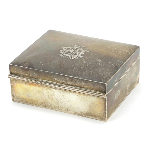 144 - Edwardian silver cigarette box with hinged lid, indistinct maker's mark Chester 1908, 5cm H x 11cm W... 