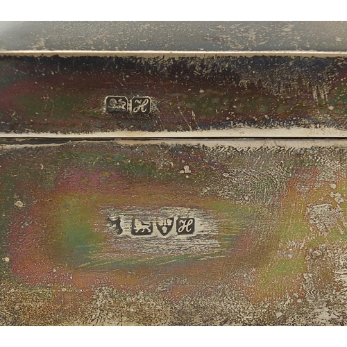 144 - Edwardian silver cigarette box with hinged lid, indistinct maker's mark Chester 1908, 5cm H x 11cm W... 