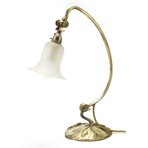 131 - Art Nouveau brass lily pad table lamp with glass shade, impressed C Berlie & Co Lyon to the base, 43... 