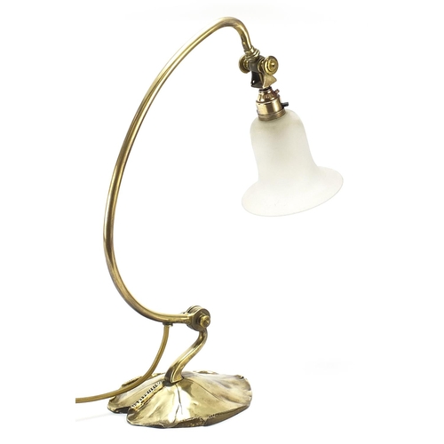 131 - Art Nouveau brass lily pad table lamp with glass shade, impressed C Berlie & Co Lyon to the base, 43... 