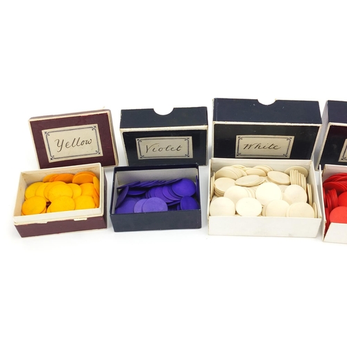 616 - Large collection of stained bone gaming counters with boxes, 2.6cm in diameter