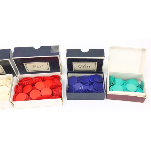 616 - Large collection of stained bone gaming counters with boxes, 2.6cm in diameter