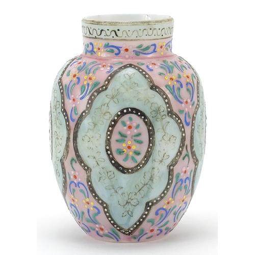 87 - 19th century opaque glass vase hand painted in the Islamic manner with flowers, 12.5cm high