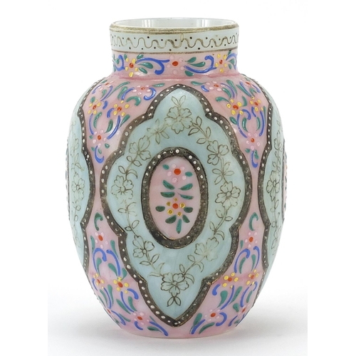 87 - 19th century opaque glass vase hand painted in the Islamic manner with flowers, 12.5cm high