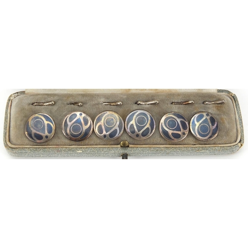 308 - Set of six sterling silver and enamel niello work buttons housed in a fitted case, each 1.6cm in dia... 