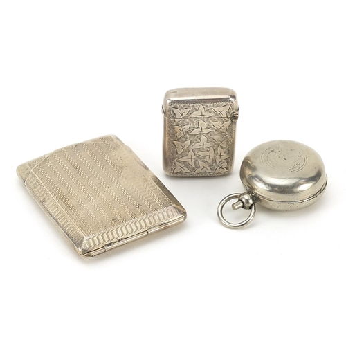 260 - Two Victorian and later silver vestas and a silver plated sovereign case, the largest 6cm in length,... 