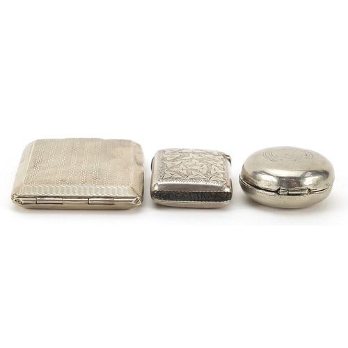 260 - Two Victorian and later silver vestas and a silver plated sovereign case, the largest 6cm in length,... 