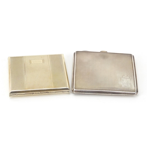 96 - Two Art Deco silver compacts with engine turned decoration, the largest 7cm wide, total weight 153.8... 