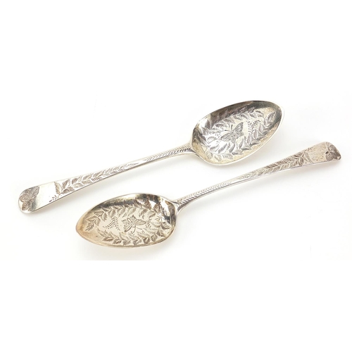 385 - George Smith & William Fearn, pair of George III silver spoons engraved with butterflies amongst fol... 