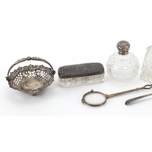 383 - Georgian and later silver objects including six silver mounted glass scent bottles, folding lorgnett... 