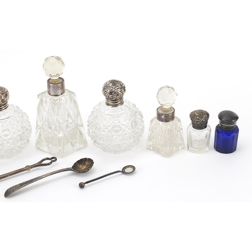 383 - Georgian and later silver objects including six silver mounted glass scent bottles, folding lorgnett... 