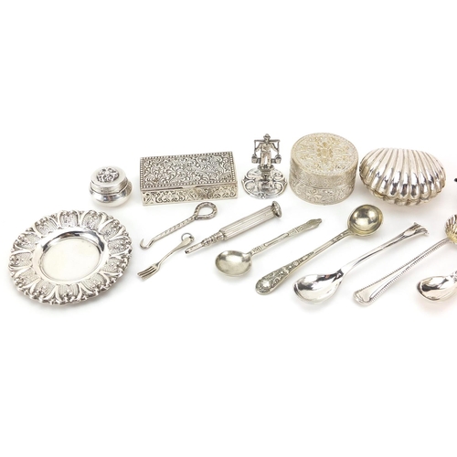 316 - Silver plated and white metal objects including doll's house tea service, pill boxes and mustard spo... 