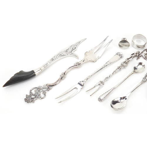 379 - Silver jewellery and objects including locket with necklace, forks, letter opener and a Churchill co... 