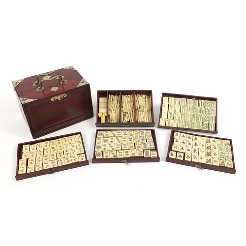 618 - Chinese bone and bamboo Mah-jong set with brass bound case, 24cm wide