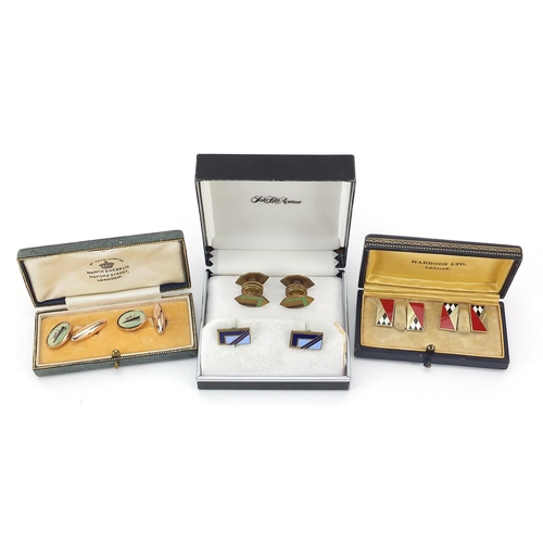 944 - Three pairs of Art Deco cufflinks and a pair of shipping interest, one with Harrods Ltd box