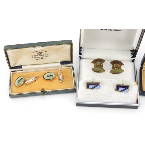 944 - Three pairs of Art Deco cufflinks and a pair of shipping interest, one with Harrods Ltd box