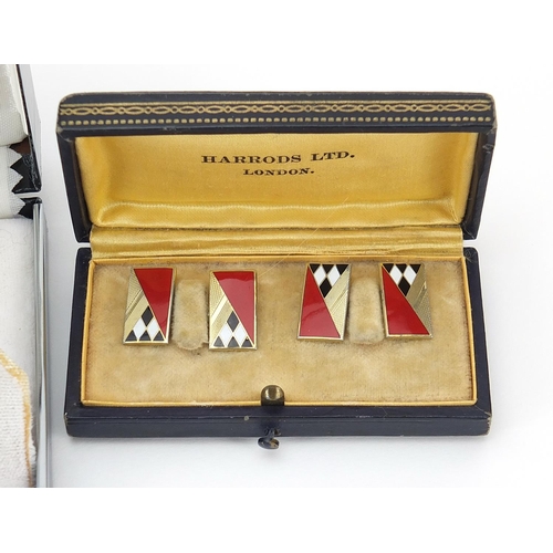 944 - Three pairs of Art Deco cufflinks and a pair of shipping interest, one with Harrods Ltd box