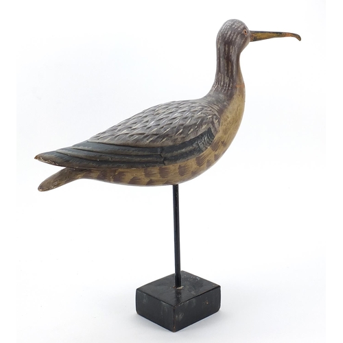 219 - Manner of Guy Taplin, hand painted carved wood model of a curlew bird on stand, 46cm high