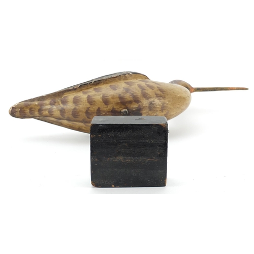 219 - Manner of Guy Taplin, hand painted carved wood model of a curlew bird on stand, 46cm high